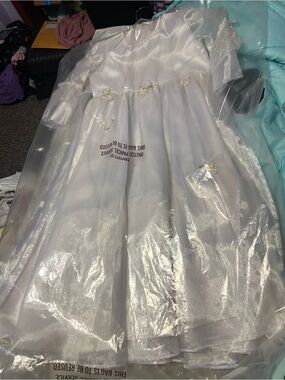Girls White Satin Flower Appliqué Formal Dress